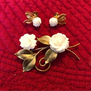 Vintage Carved Rose Pin and Earrings